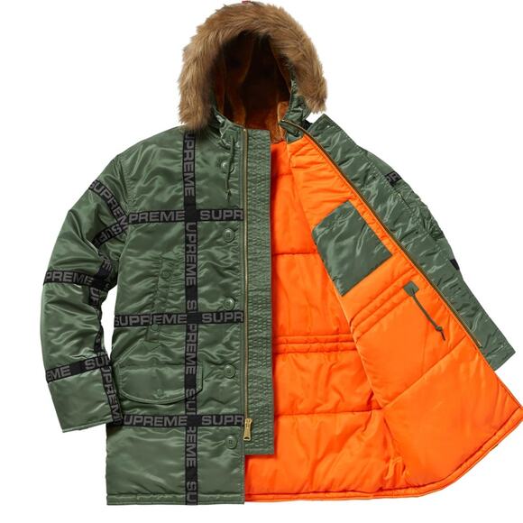 Supreme Logo Tape N-3B Parka Military Khaki Green Hooded Mid Length Mens Medium